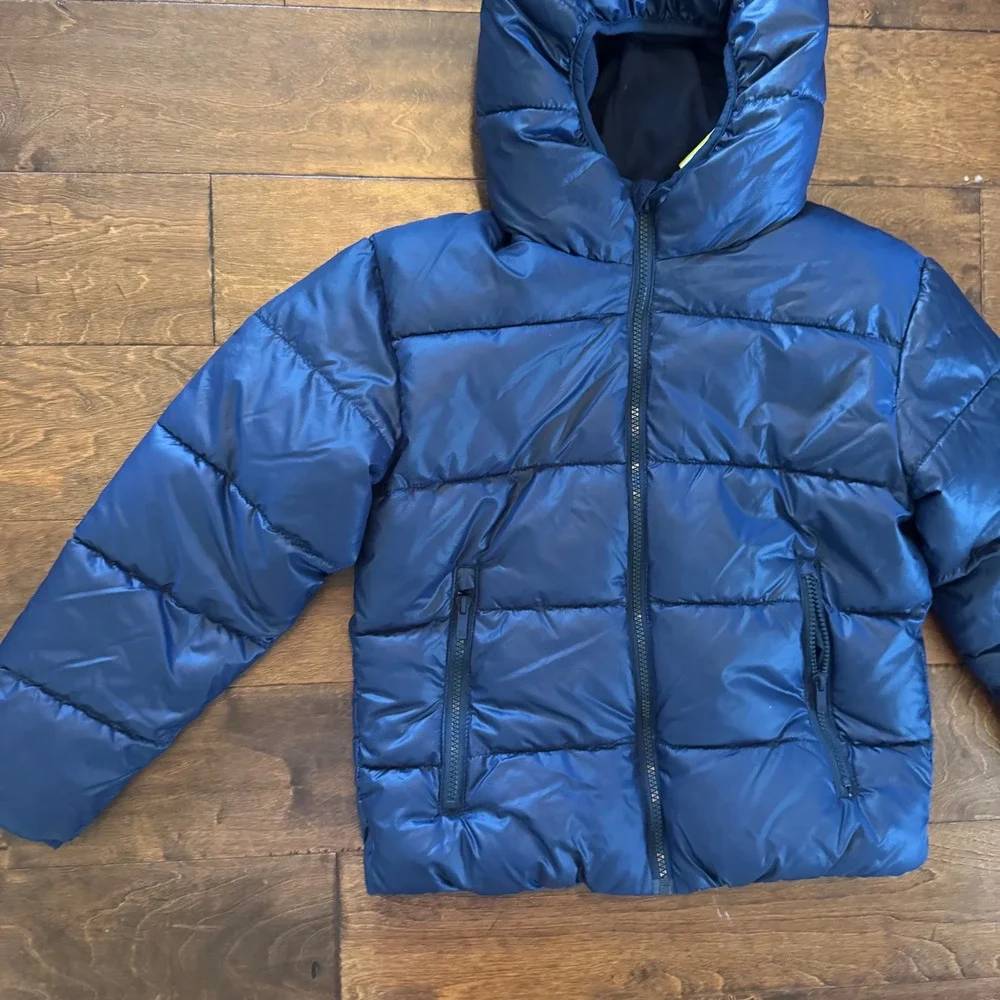 All in Motion Kids Puffer Jacket Navy Blue Hooded Wind Water Resistant Large L